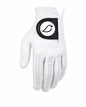 White golf glove with a chirps black logo on a white background