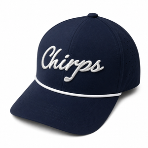 Navy blue cap with 'Chirps' embroidered on a white background