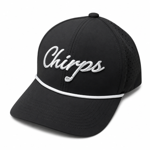 Black cap with 'Chirps' logo on a white background