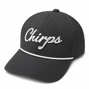 Black cap with 'Chirps' logo on a white background