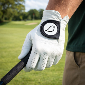White golf glove with a chirps  logo on a golf course
