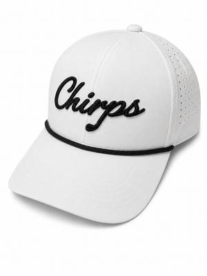 White cap with 'Chirps' text on a white background